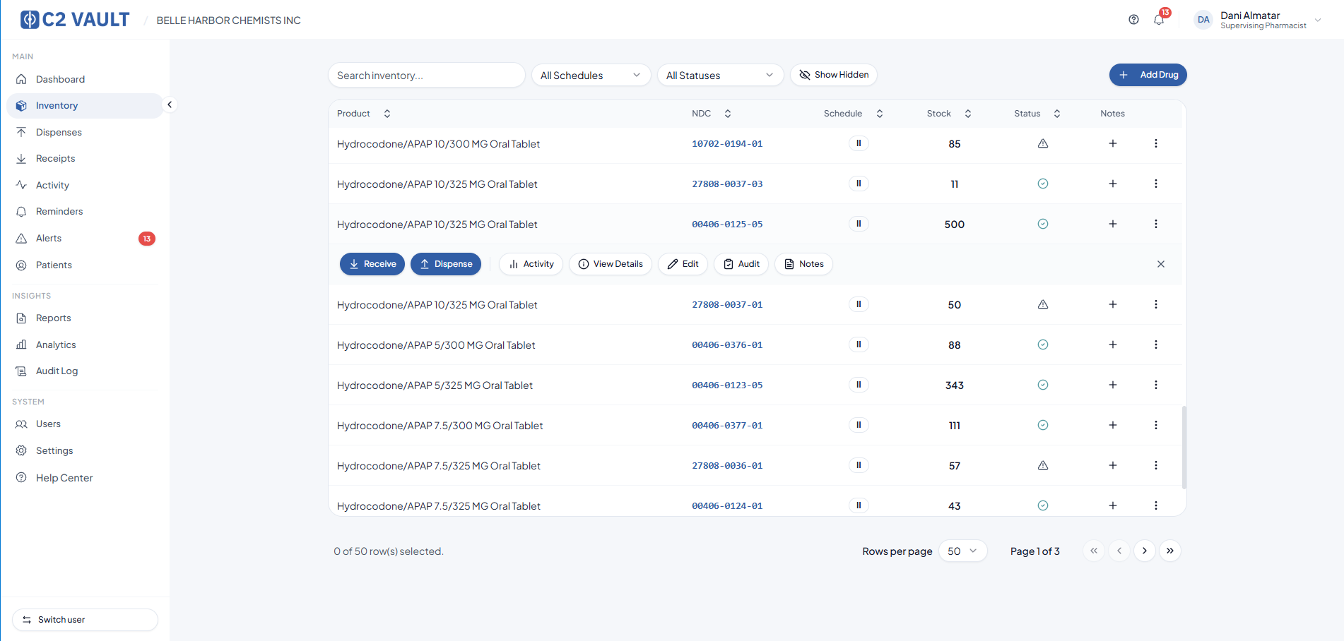C2 Vault controlled substance inventory screen showing Dani Almatar logged in as Supervising Pharmacist